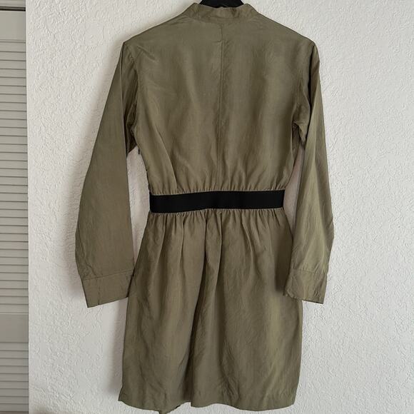 Theory Olive Green SILK Utility Shirt Dress Size 2 Preppy Button Front Mini - Picture 7 of 10
